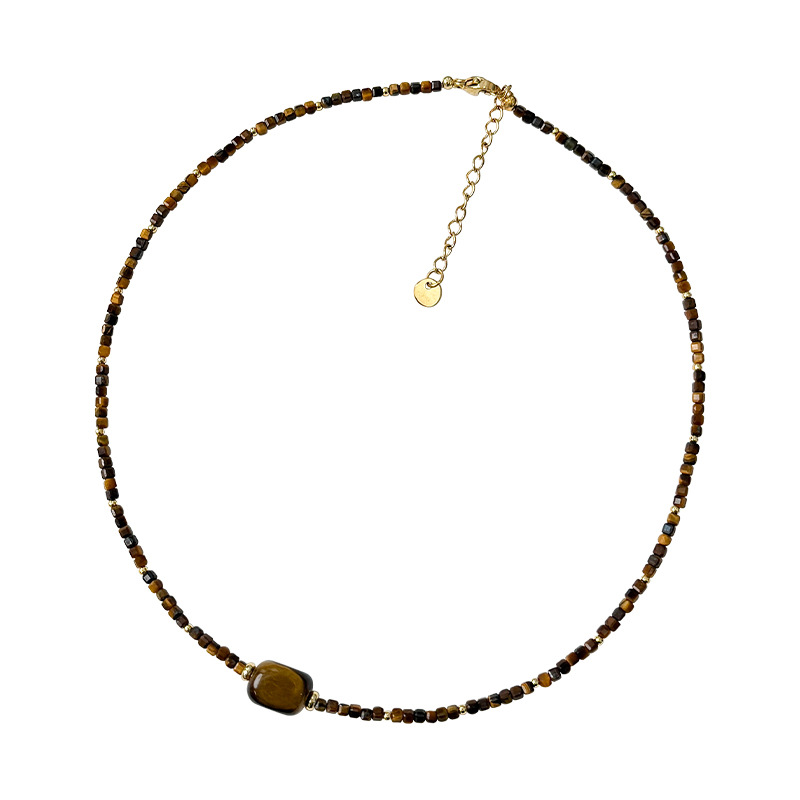 Maillard Collar con cuentas de piedra de ojo de tigre cuadrado para mujer, lujo ligero, nicho de otoño e invierno, cadena de clavícula, joyería retro de alta gama