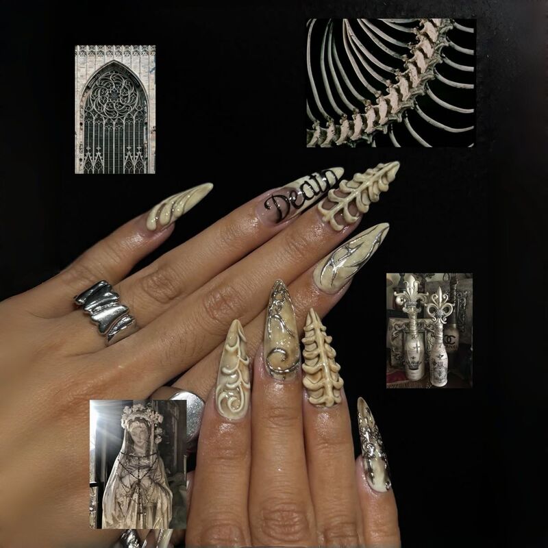 Wm-483 Skeleton Secrets Long Pointed Nail Pieces Halloween Dark Dragon Bone Style 24 Pieces Wearable Nail Pieces Wholesale