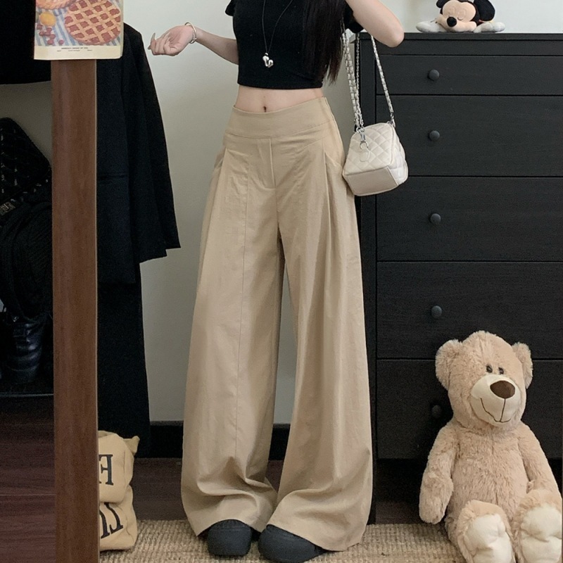 日系卡其色休闲阔腿裤女2025秋季高腰显瘦宽松慵懒风直筒拖地长裤|undefined