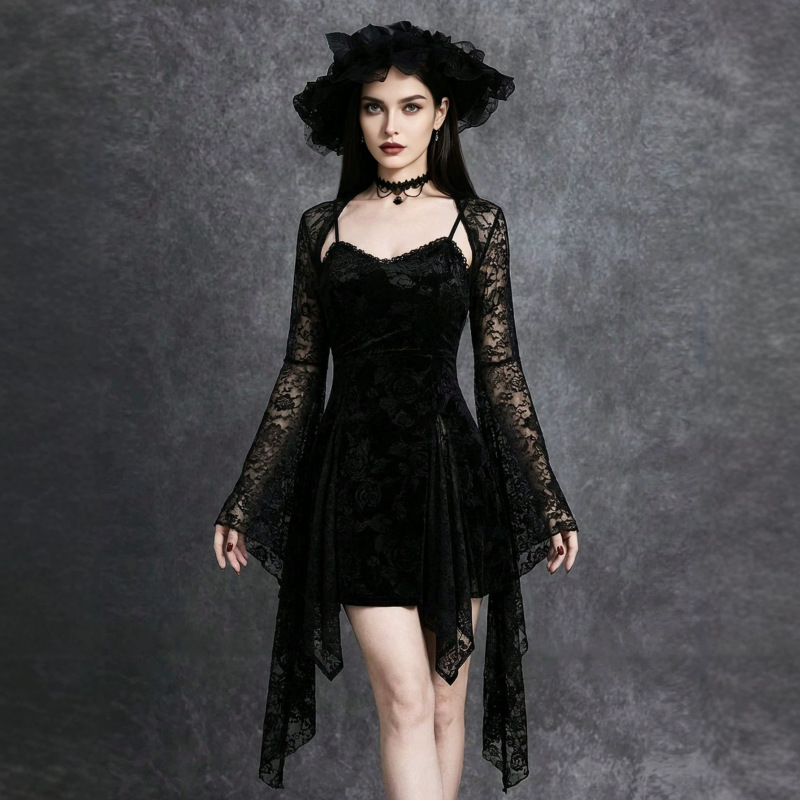 European and American Cross-Border New Style Black Lace Mesh Bell-Sleeve Gothic Style Long Wedding High-End Niche Dress European and American Cross-Border New Style Black Lace Mesh Bell-Sleeve Gothic Style Long Wedding High-End Niche Dress