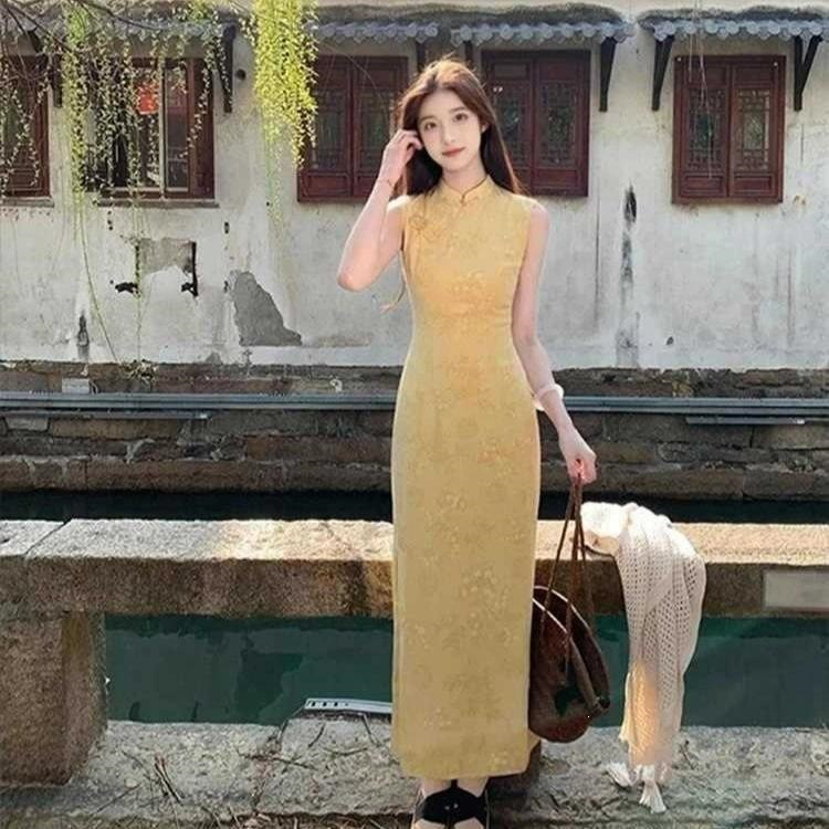 Breathable new Chinese-style elegant dress, everyday long dress, jacquard with subtle retro patterns, graceful cheongsam, Chinese style, other brands