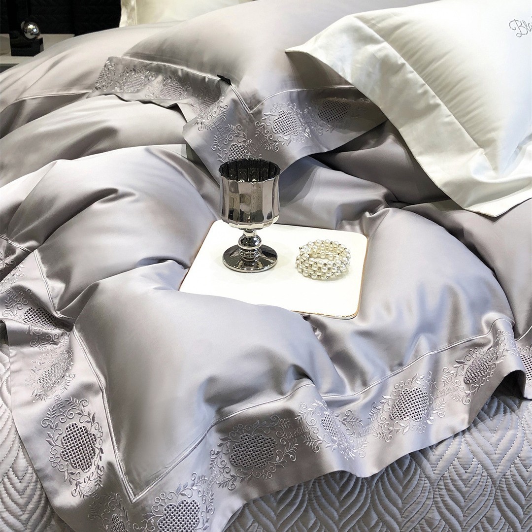 Modern Light Luxury Style Solid Color Hollow Embroidery Bedding Bed Sheetss Bed Cover Style Bedding High-End Tencel Cotton Four-Piece Set