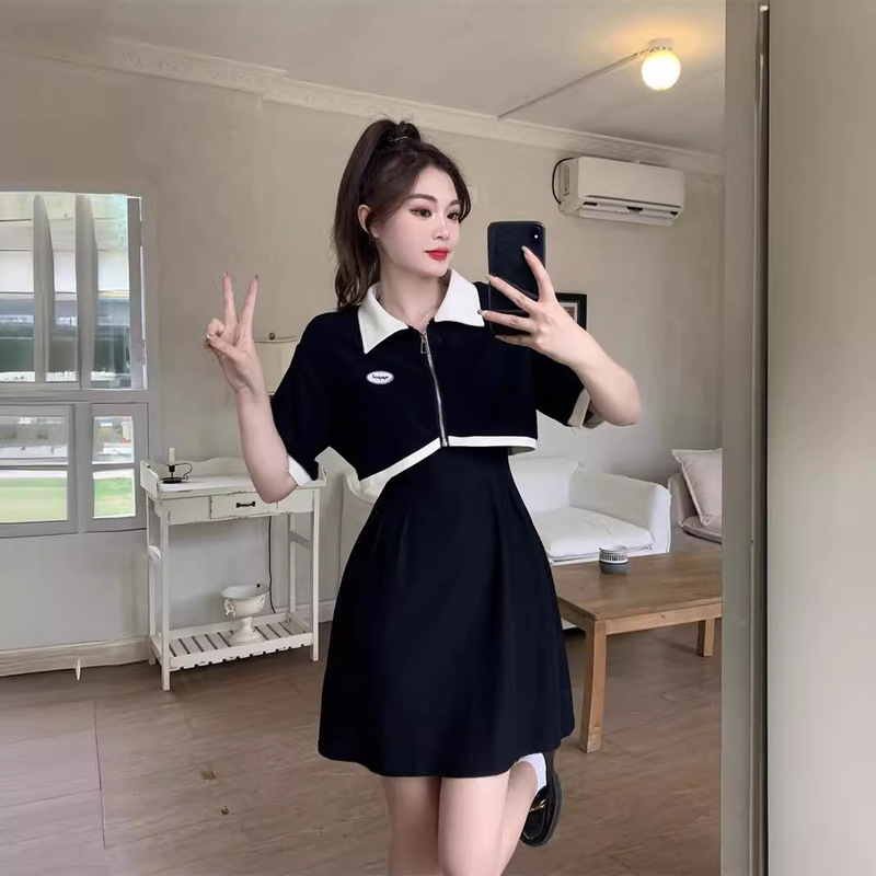 大きいサイズの黒いストラップのワンピースの女性の夏服のファッションの2つのセットの小さい太ったmmは腹を遮って痩せているベストのスカートのスーツを現します。|undefined
