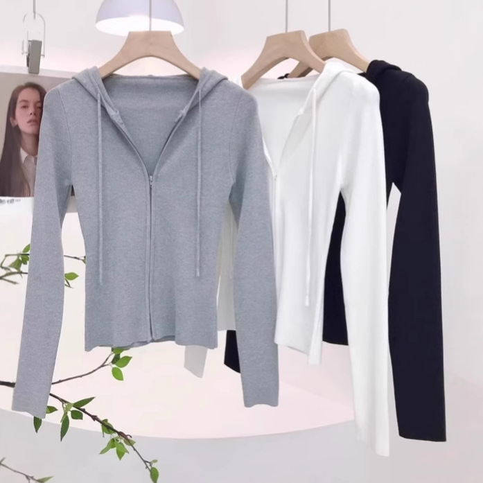 Factory Ready-Made Hooded Long-Sleeved Knitted Cardigan for Women 2025 Autum New Design Slimming Look Sweater Top