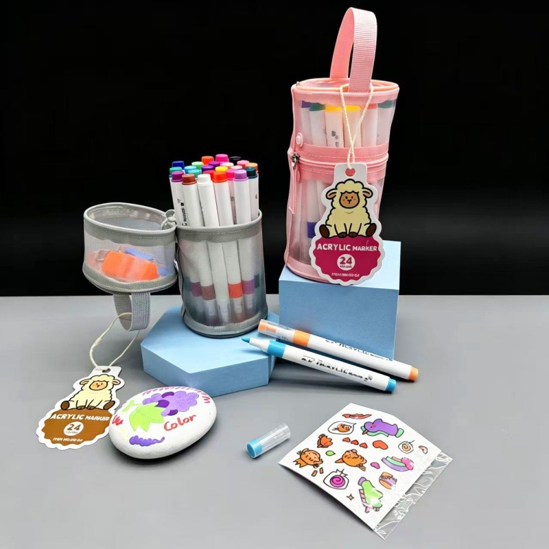 Portátil acrílico marcador conjunto de dibujo de niños cabeza suave opaco color plegable 24 colores 36 bolsas de red portátiles