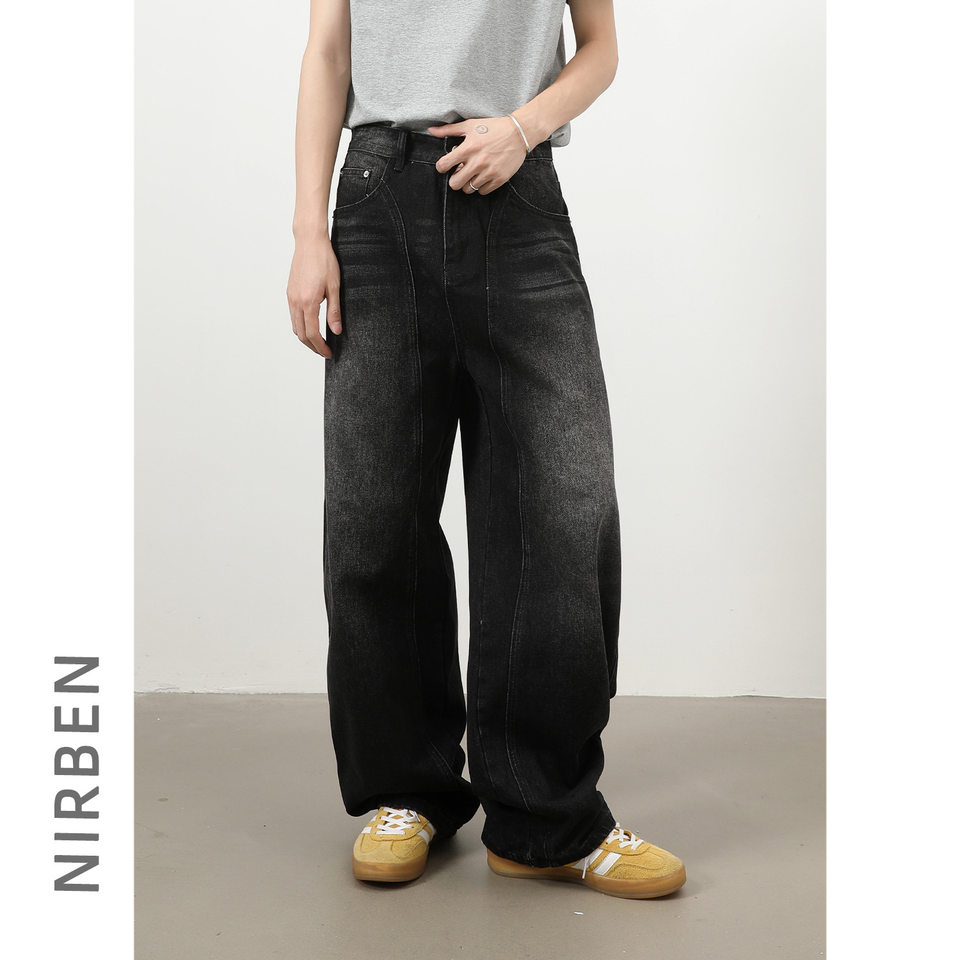 Quần jeans nam dáng thẳng rộng phối màu phong cách retro — màu xanh, màu xám đen