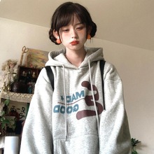 美式加绒新款淑女连帽卫衣女装带帽上衣服帽衫印花长袖初中生BF风