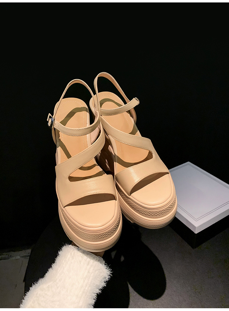 Sandal cao gót nữ hở mũi đế xuồng platform da bò thật, gót 12 cm, phong cách La Mã — màu đen, màu trắng, màu mơ chi tiết 18