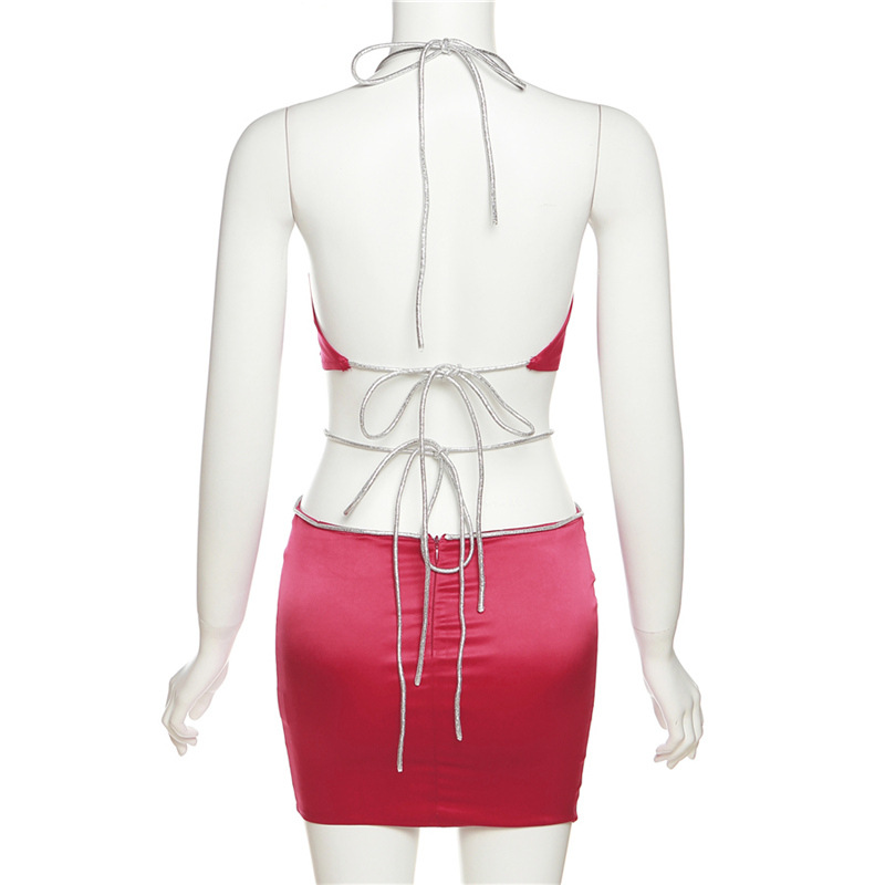 Spring Women Clothes Halter Backless Slim Fit Tank Top High Waist Sexy Hip Bag Skirt Set