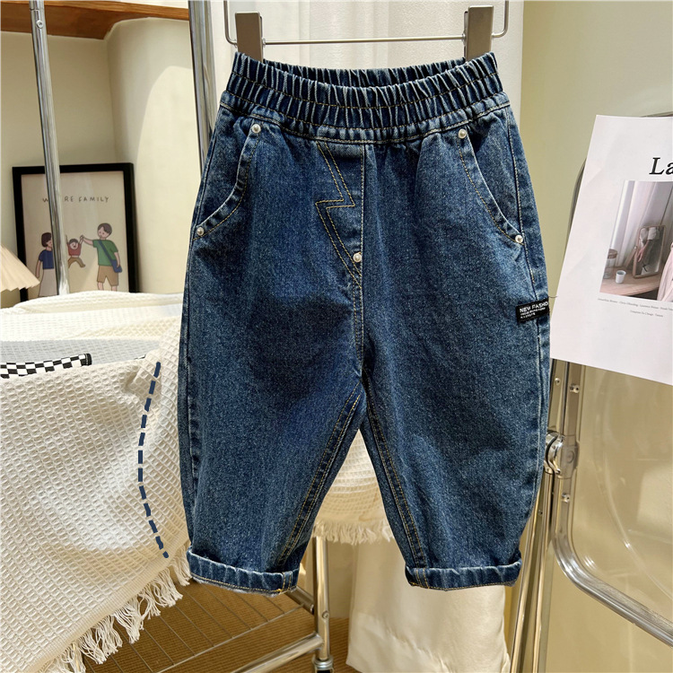 Korejske otroške oblačila, jesenske temno modre kavbojke 2024, ohlapne enobarvne očetovske priložnostne jeans hlače za fantke in deklice_voghion.com