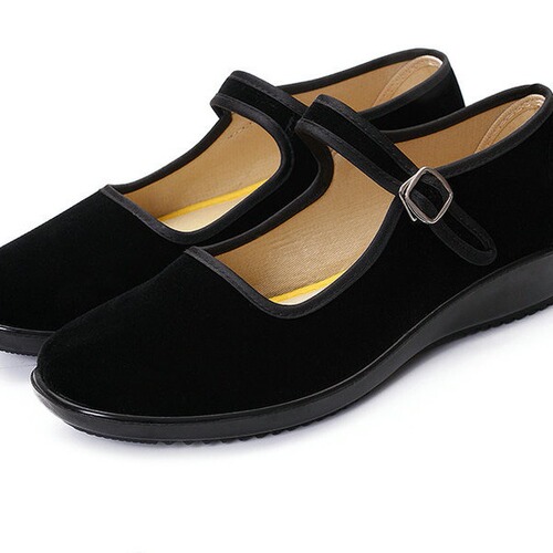 Old Beijing Cloth Shoes for Children - Black Cloth Shoes for Girls, Dance and Etiquette Shoes with Square Buttons, Republican Era Student Red Army Shoes in Black