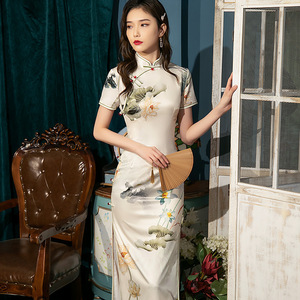 floral chinese silk satin chinese dress oriental qipao cheongsam for women girls model show miss etiquette host singer short-sleeved daily Chinese wind lotus girl improved qipao dress