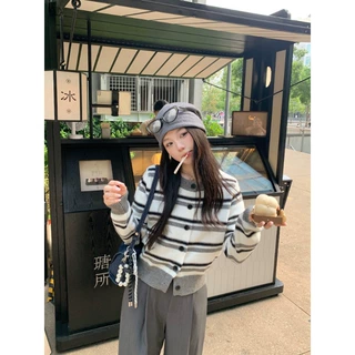 洪合针织工厂 撞色条纹短款开衫女春秋宽松百搭圆领针织上衣外搭