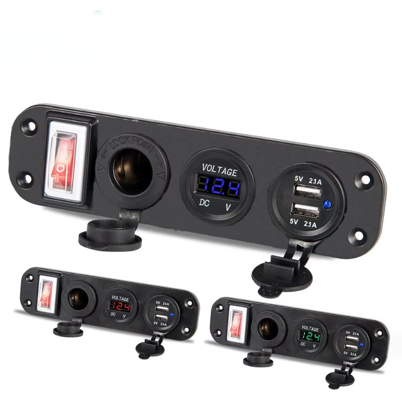 Cross-Border Car Charger with Switch, New 4-Port Panel Female Socket, Dual USB Phone Charging Dock, USB Charging Plug