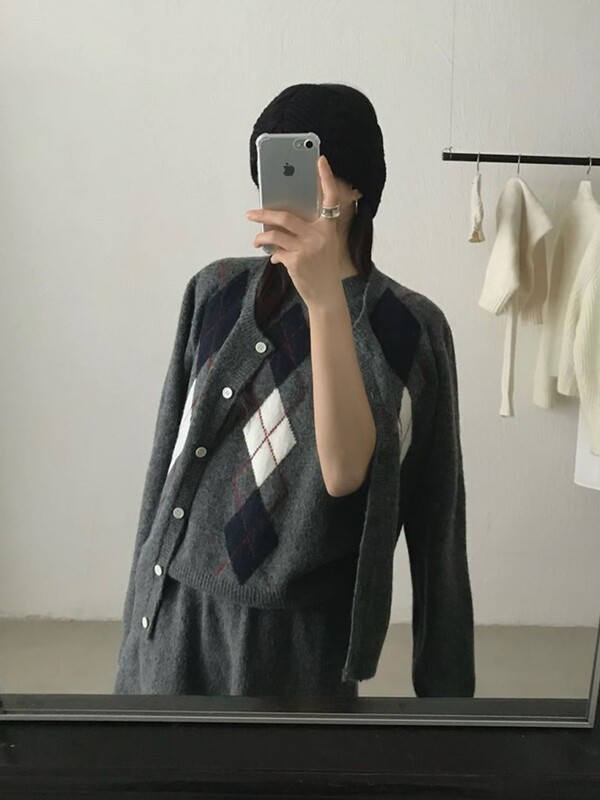 韩版菱格针织开衫半身裙三件套套装女秋冬宽松毛衣外套整套穿搭潮|undefined