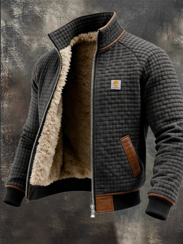 Textura retrógrada cuadrada de hombre chaqueta de bolsillo al aire libre abrigo de cuello vertical con cachemira gruesa image 3
