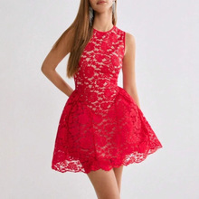 明星同款夏洋气小香风重工蕾丝镂空无袖显胯蓬蓬礼服连衣裙