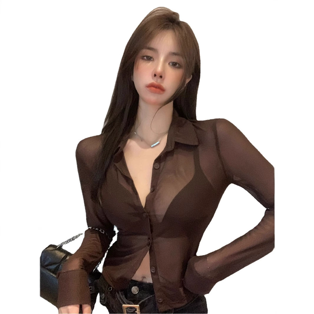 Fitted Summer Shirt, Sun-Protection, High-Waist Crop, Black/Coffee, Sizes S–XL