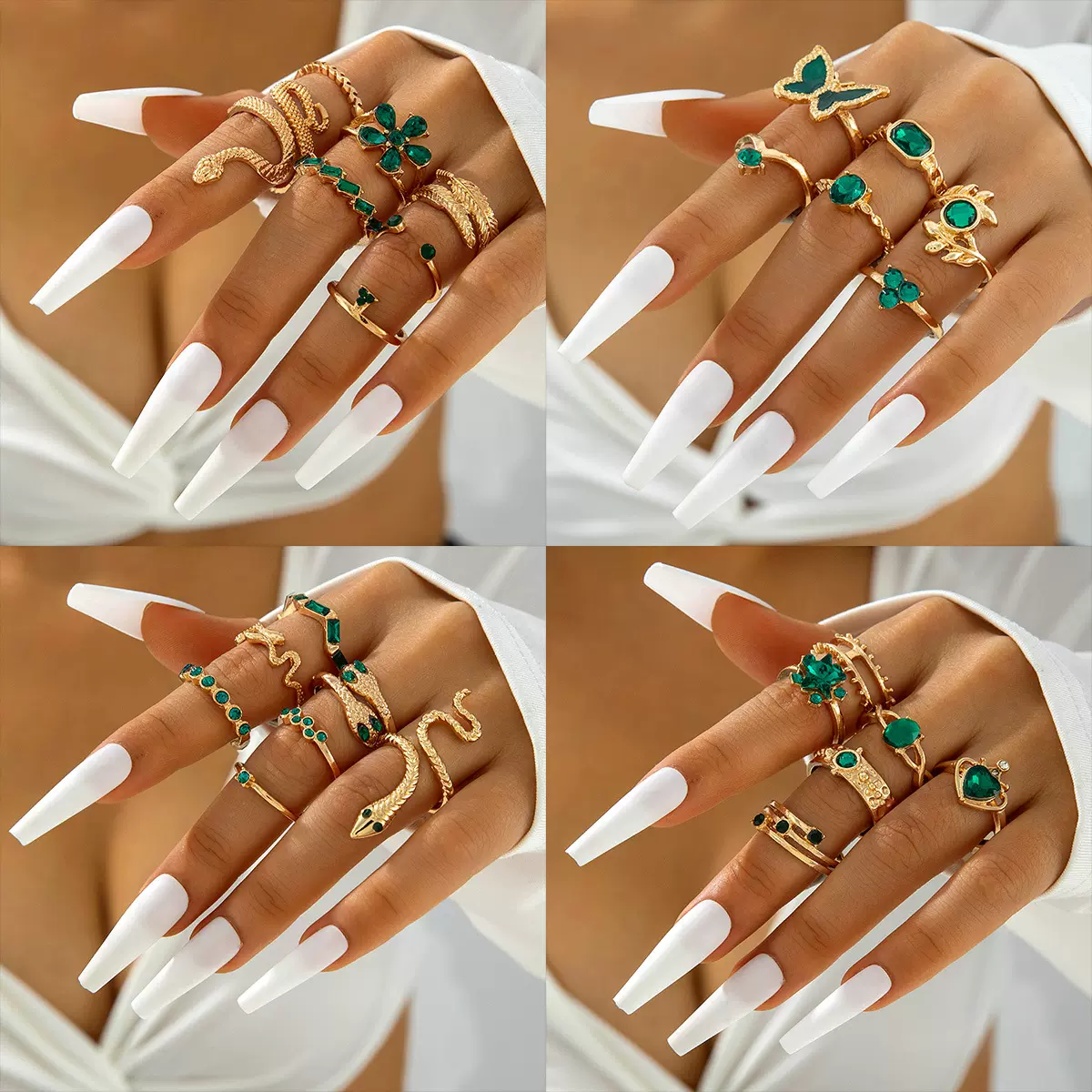 欧美流行饰品戒指手饰 蛇形爱心仿绿宝石镶钻ins风多件套装戒指女
