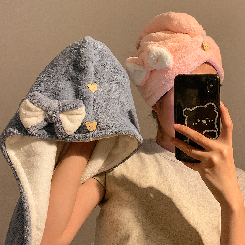 Cute Bow Hair Drying Hat Women's High-value Double-layer Thickened Super Absorbent Quick-drying Shower Hat Shampoo Towel