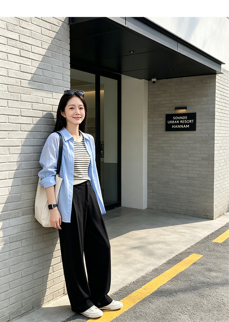 Quần tây nữ ống rộng cạp cao dáng suông, chất liệu mát mẻ chống nhăn, phù hợp đi làm mùa hè — Mát mẻ, rũ và chống nhăn - màu xanh lơ đen (cạp chun) chi tiết 34