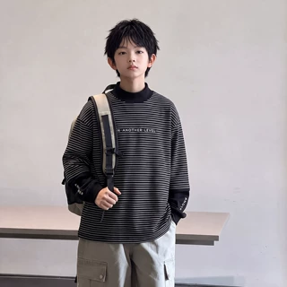 男童半高领打底衫秋冬2026新款儿童假两件卫衣上衣中大童条纹内搭