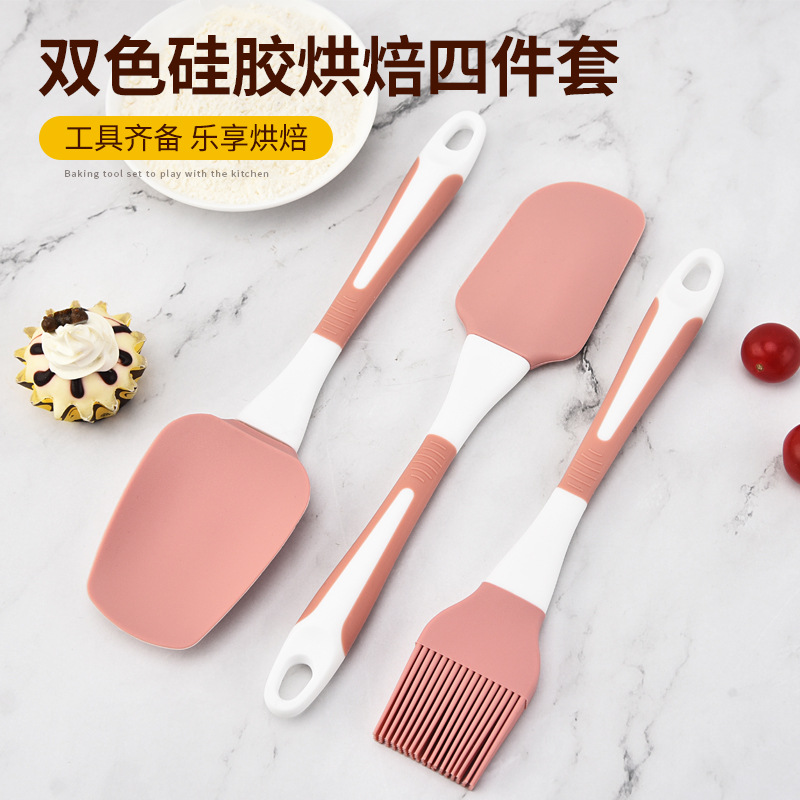 Two-color silicone baking four-piece set mixing spatula cream spatula silicone food clip oil brush baking tools supplies