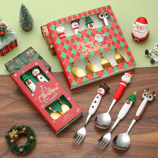 Amazon Stainless Steel Christmas Tableware suit Cross Border Santa Claus Doll Spoon Fork Dessert Fork Spoon Gift Box suit