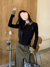 格纹polo领拼接假两件长袖针织衫t恤女春秋内搭修身显瘦打底上衣