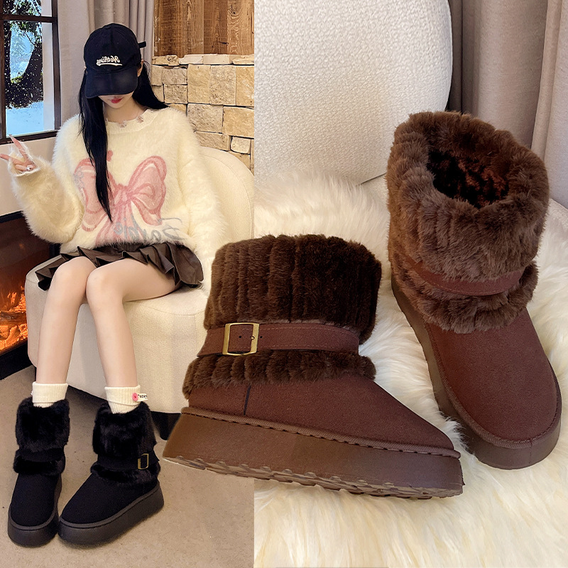 雪地靴女加绒加厚2025新款冬季松糕厚底保暖短筒网红东北棉鞋批发