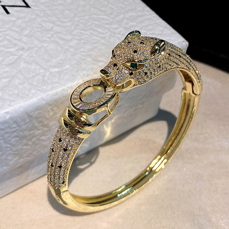 クロスボーダー新作ヒョウ柄18Kゴールドフルダイヤモンドジルコンカジアブレスレット女性用Amazon人気レトロファッションメッキ