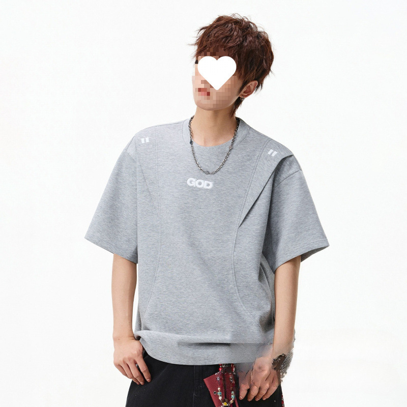 Men's Summer Vintage American-Style Short-Sleeve T-Shirt with Shoulder Patchwork, Color-Blocking, 3D Embroidery, and a Textured Loose Fit for Wholesale Men's Summer Vintage American-Style Short-Sleeve T-Shirt with Shoulder Patchwork, Color-Blocking, 3D Embroidery, and a Textured Loose Fit for Wholesale