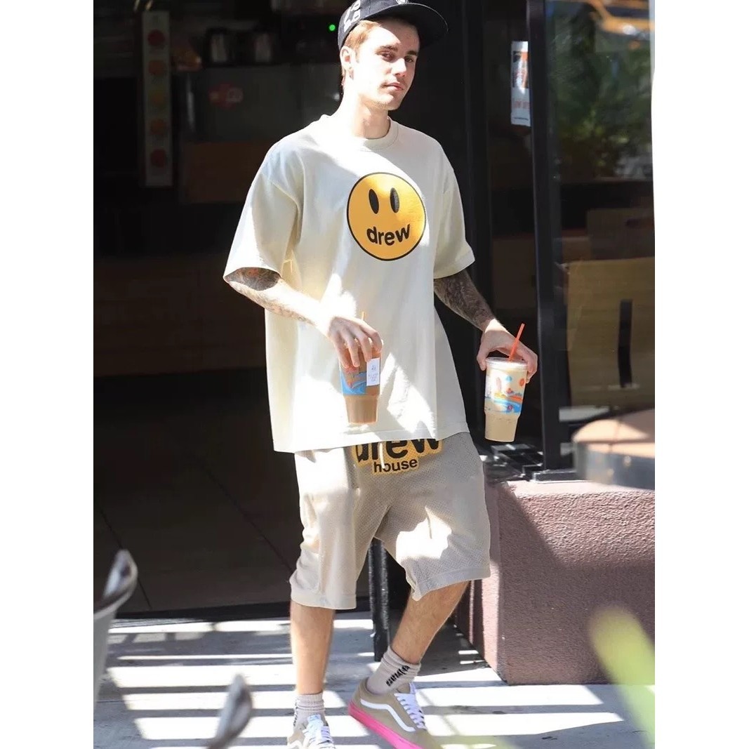 Drew Men's Shorts with Pockets, Smiley Face, European and American Trendy Ins Cargo Pants, Casual Summer Loose Black Knee-Length Shorts, High Street