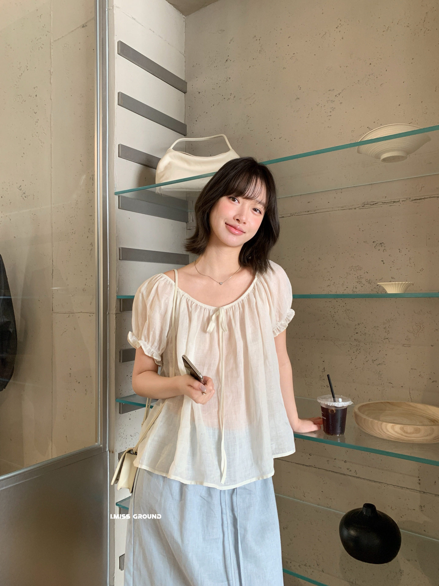 Áo sơ mi nữ tay bồng dây rút chất liệu ramie phong cách Pháp — xanh đậm, màu hồng, Xanh nước, ngọc trai trắng chi tiết 26