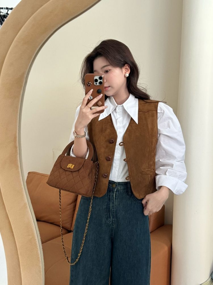 Spring and Summer Suede Retro Layered Vest Women's V Neck Versatile Casual Short Vest Jacket