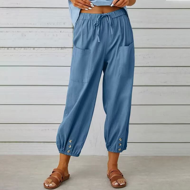 Factory in stock New European and American Cross-border Amazon wish Loose High Waist Button Cotton and Hemp Pants Cropped Pants Wide Legs