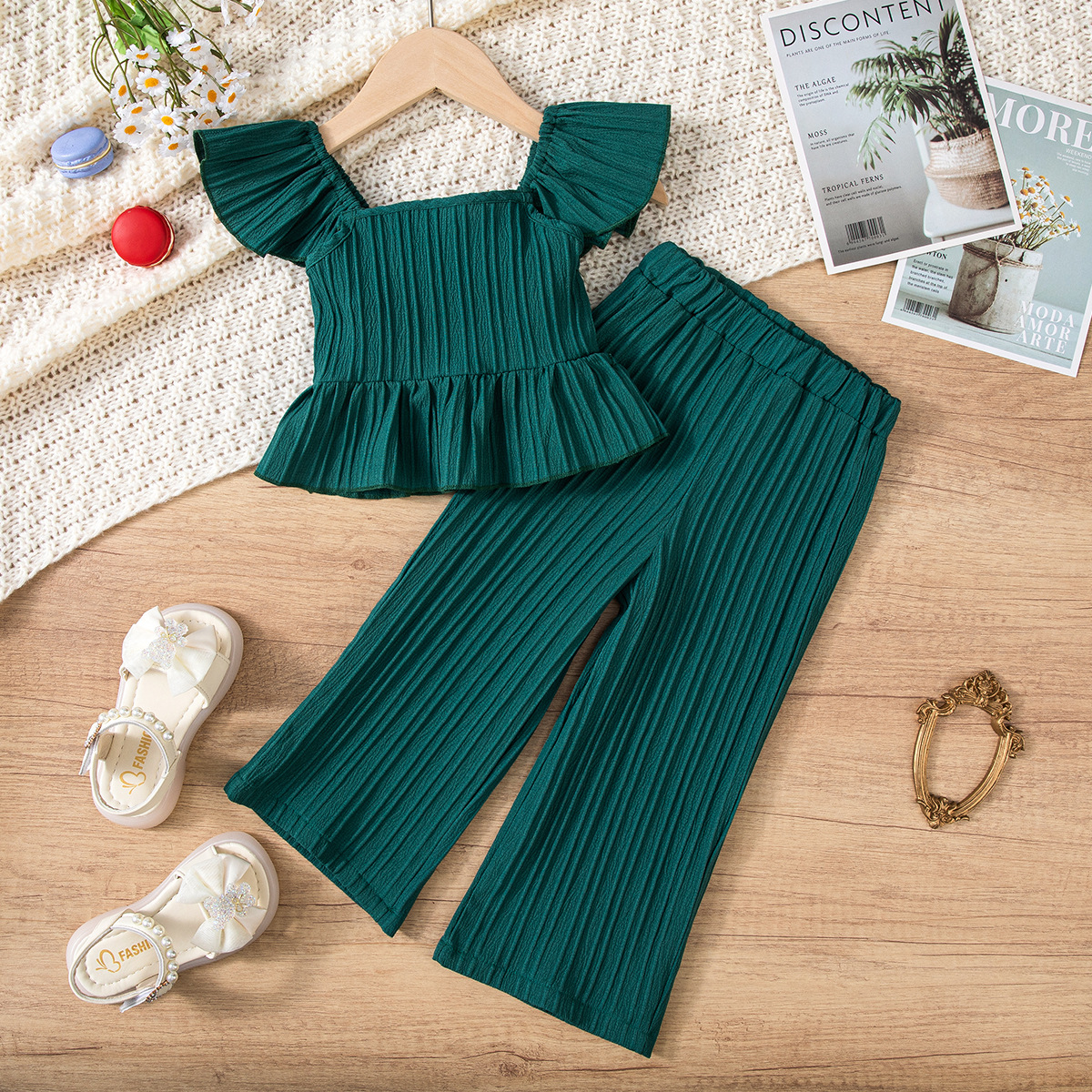 2025 new summer girls suit bow doll shirt small fly sleeve top solid color texture casual trousers