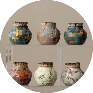 Stoneware Hand-painted Tea Jar Portuguese Cork Lid Ceramic Storage Jar Small Capacity Tea Jar Household Moisture-proof Sealed Jar