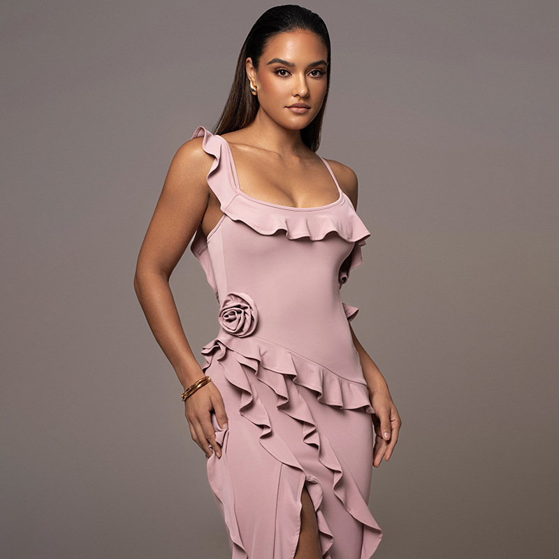 Women's Clothing new sexy fashion solid color backless slit splicing suspender long skirt_senzul.com