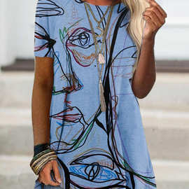 2021亚马逊速卖通春季新款外贸跨境时尚女装短袖数码印花T桖9107