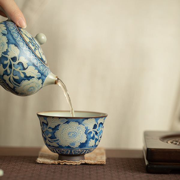 Yuan blue and white Ru kiln peony tea cup master cup guest cup…