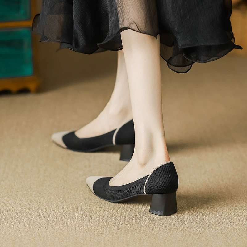 Японская обувь принцессы 2023 Новые остроконечные туфли для рыболовной сети на толстом каблуке в стиле Шанель Вязаные летающие тканые туфли на высоком каблуке