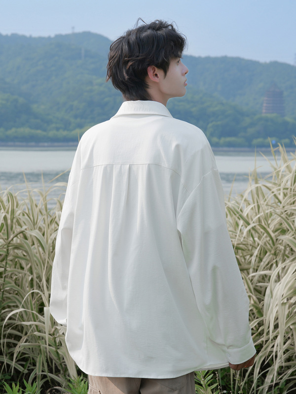 NASA拼接纯色长袖衬衫男生2025秋季宽松简约休闲上衣冰丝衬衣外套|undefined