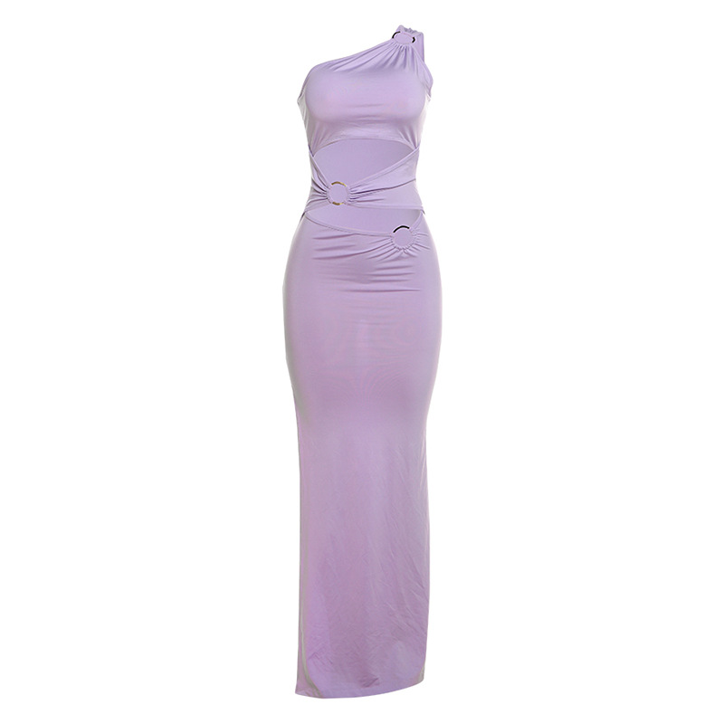 Fashionable Womens Dress Asymmetrical Shoulder Color Block Slim Fit Sexy Split Autumn Collection Wholesale