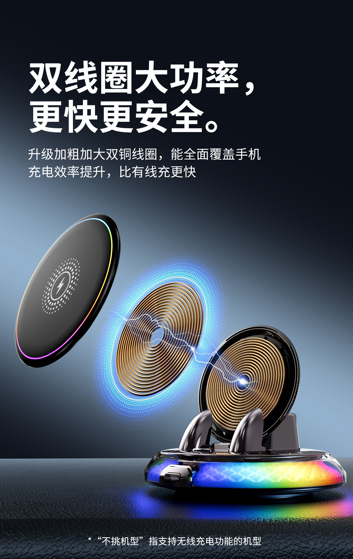 New car phone holder with RGB colorful ambient lighting, dashboard-mounted, anti-shake, wireless charging stand with fast charging