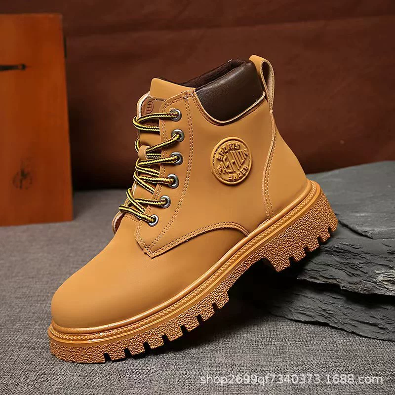 Ботинки (Martens) мужские износостойкие для досуга, коричневые без меха или жёлтые с флисом, 38–45