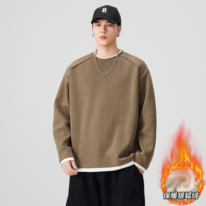 Spring and Autumn New Style Fake Two-Piece Sweatshirt for Men, Fleece-Lined, Thick, Heavy-Duty, Round-Neck, Trendy Brand, Youth Boys' Base Layer T-Shirt Spring and Autumn New Style Fake Two-Piece Sweatshirt for Men, Fleece-Lined, Thick, Heavy-Duty, Round-Neck, Trendy Brand, Youth Boys' Base Layer T-Shirt