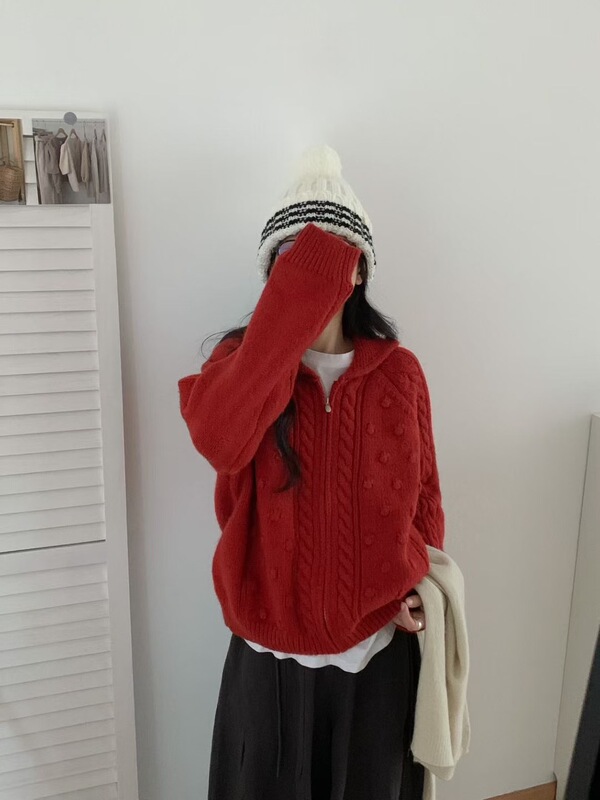 翻领加厚针织毛衣开衫外套女秋冬新款宽松慵懒风显瘦百搭气质上衣|undefined