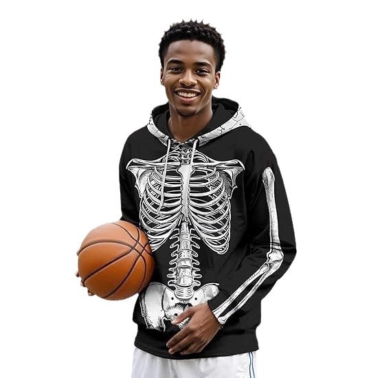 Divertido thriller, esqueleto blanco, estampado 3D, suéter con capucha suelto de manga larga con cordón de moda callejera para hombres