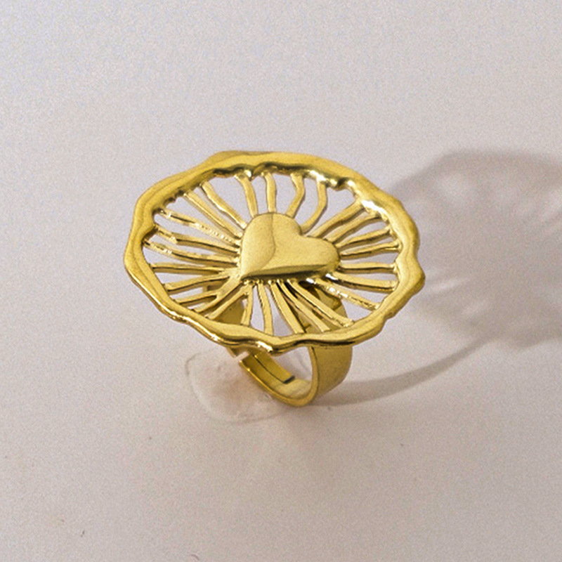 欧美复古圆环爱心戒指可调节防掉色电镀18K金不锈钢设计感手饰品